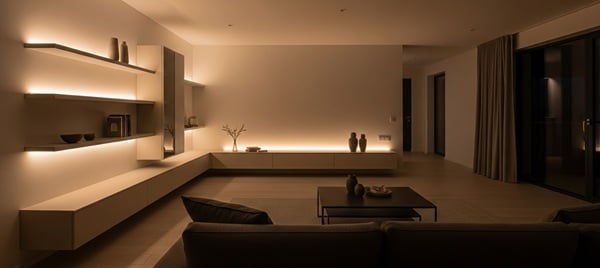 Wohnwand mit warmweiß beleuchteten Regalen