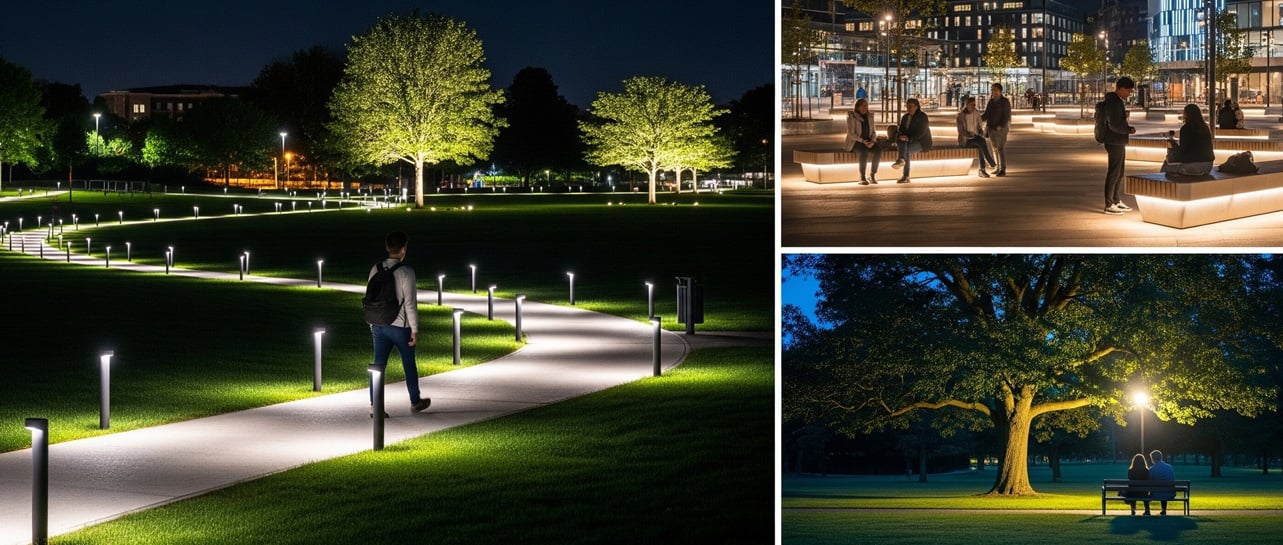 Stadtpark mit LED-Beleuchtung am Abend