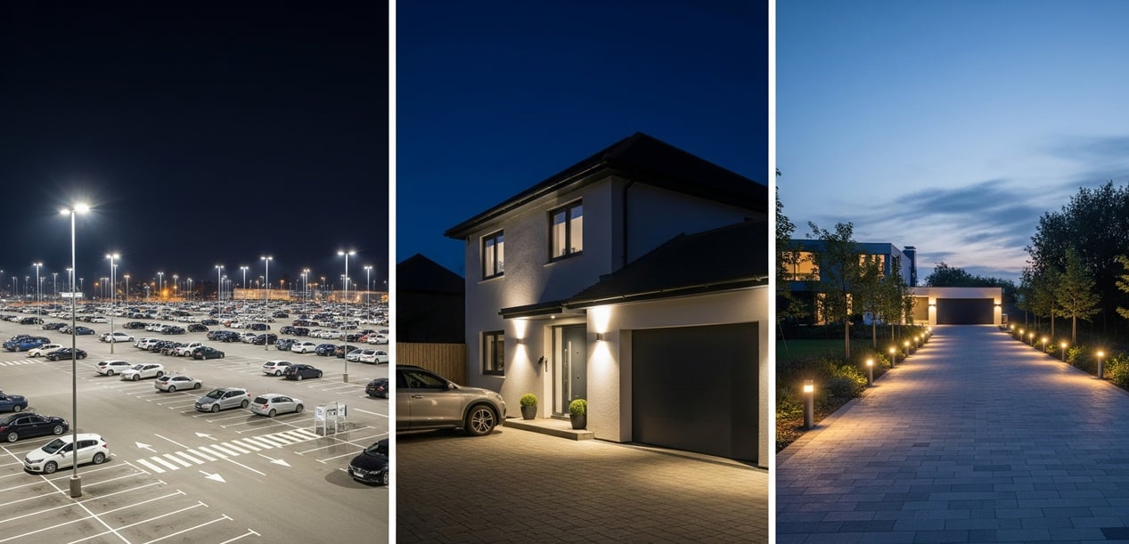 Beleuchteter Parkplatz am Abend