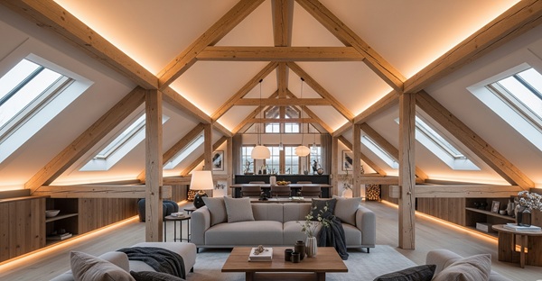 Zimmer im Dachgeschoss mit Dachschrägen und LED-Leuchten