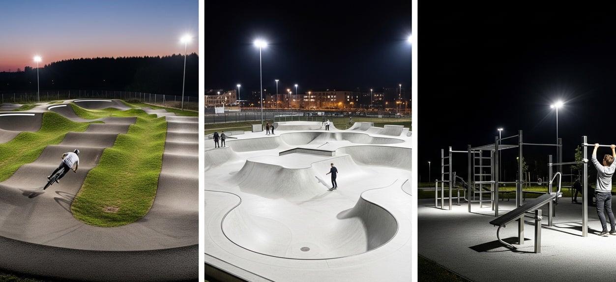 Skatepark unter Flutlicht am Abend