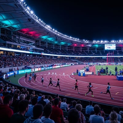 Rundbahn eines Leichtathletikstadions bei Flutlicht