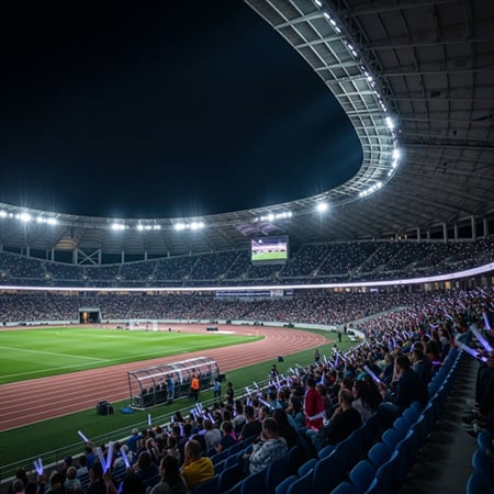 Leichtathletikstadion mit Flutlichtanlage am Abend