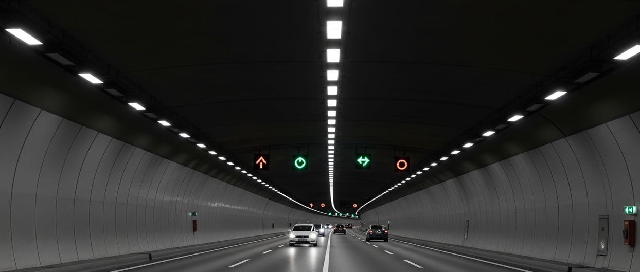 Straßentunnel mit durchgehender LED-Beleuchtung