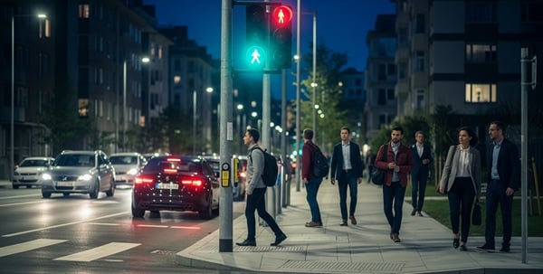 Straßenzug mit moderner LED-Beleuchtung bei Nacht