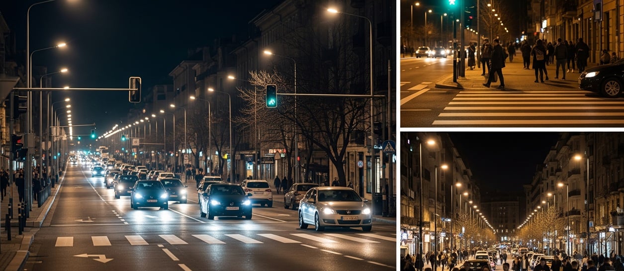 Straße mit LED-Straßenbeleuchtung bei Nacht