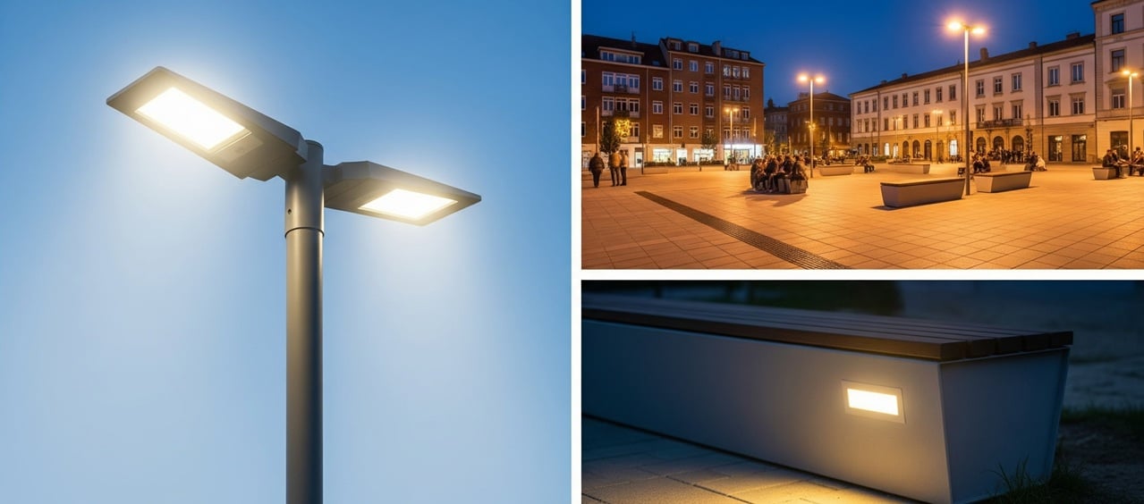 Öffentlicher Platz mit LED-Beleuchtung am Abend