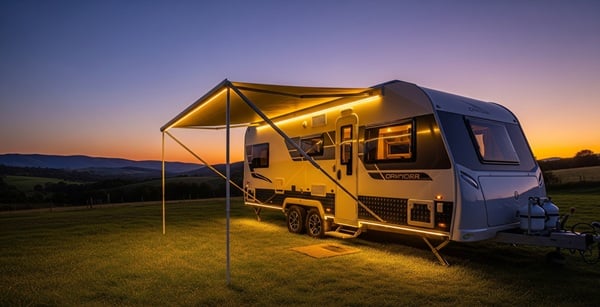 Wohnwagen im Freien mit LED-Außenbeleuchtung