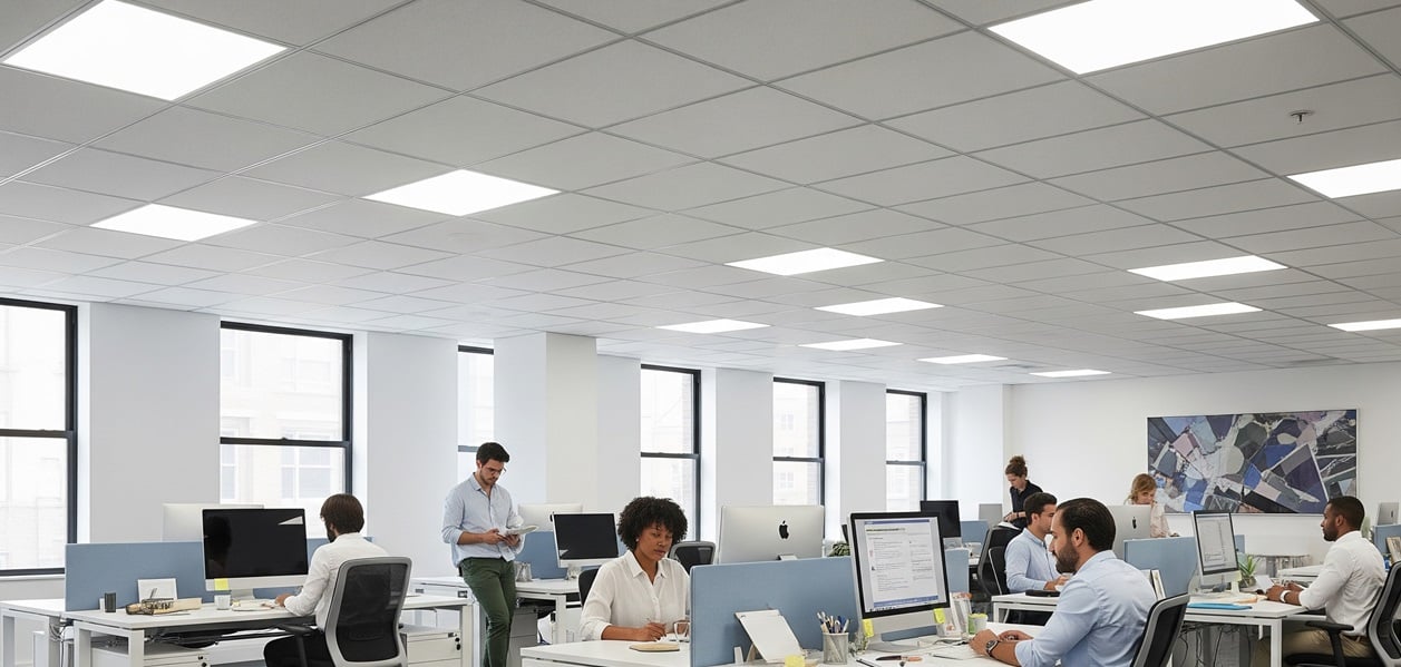 Büro mit bündig eingebauten LED-Panels in der Decke (Symbolbild)