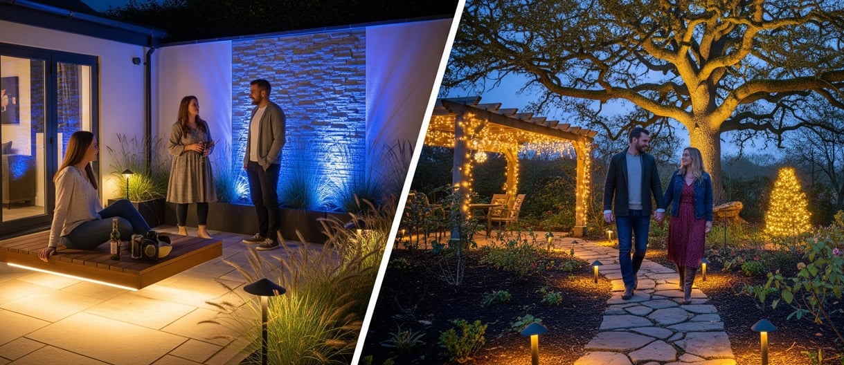 Garten mit LED-Beleuchtung am Abend