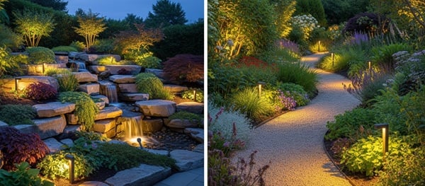 Beleuchteter Garten mit verschiedenen LED-Leuchten