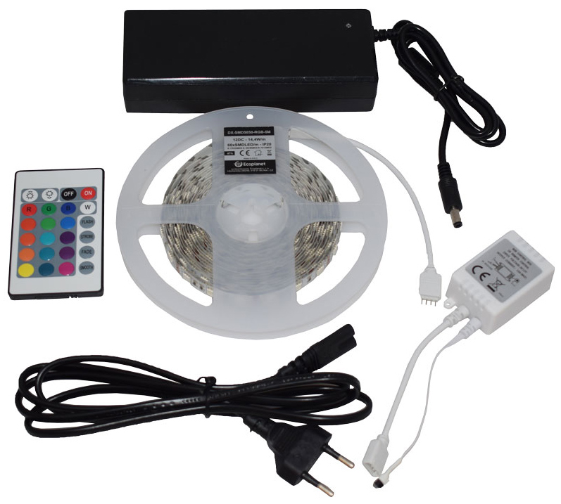 LED páska 14,4W/m bez krytí RGB kompletní sada 230V 5m