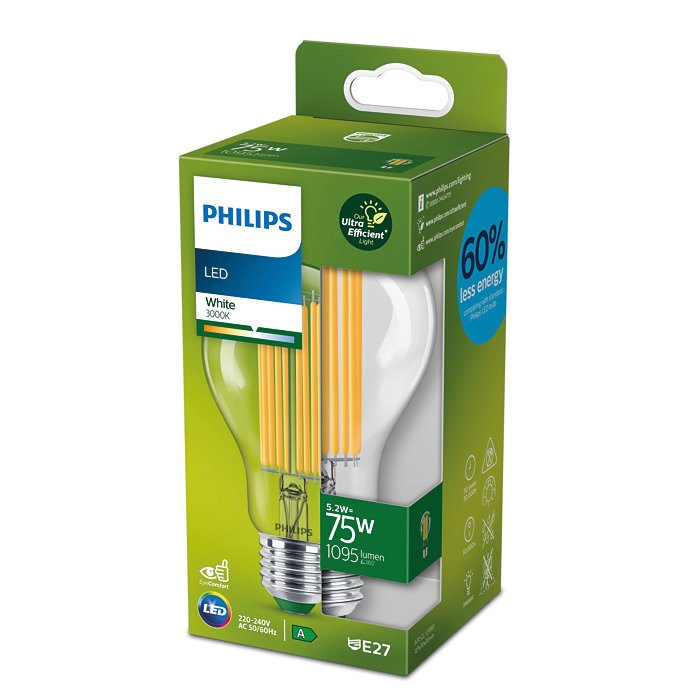 Philips 8719514435674 LED filamentová žárovka 1x5,2W/75W | E27 | 1535lm | 3000K - čirá, Ultra Efficient